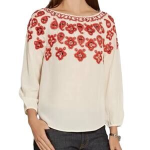 Tory Burch Cream Silk Embroidered Mirror Sequin Off Shoulder Blouse size 6